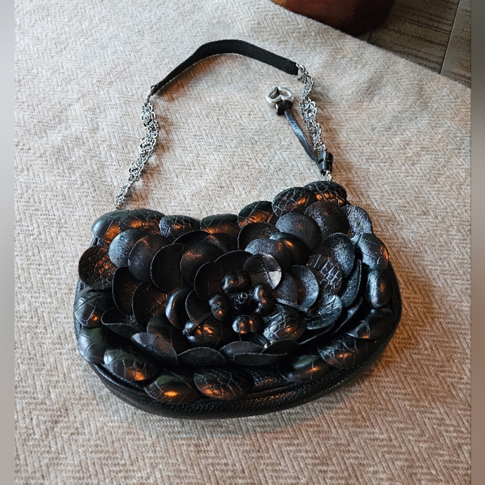 BRIGHTON Rosalie Black Leather Petal Flower Silver Handbag